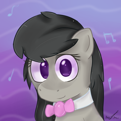 Size: 800x800 | Tagged: safe, artist:ponyjhooves, octavia melody, earth pony, pony, g4, abstract background, bowtie, bust, looking at you, music notes, no pupils, solo