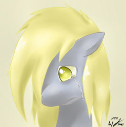 Size: 1666x1678 | Tagged: safe, artist:ponyjhooves, derpy hooves, pegasus, pony, g4, bust, crying, cute, derpabetes, female, hair over one eye, mare, no pupils, sad, sad pony, sadorable, solo