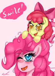 Size: 1584x2160 | Tagged: safe, artist:ponyjhooves, apple bloom, pinkie pie, earth pony, pony, a friend in deed, g4, apple bloom riding pinkie pie, bust, colored pupils, duo, messy mane, on head, one eye closed, pink background, ponies riding ponies, pony hat, riding, simple background, smile song, wink