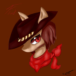 Size: 1440x1440 | Tagged: safe, artist:ponyjhooves, pony, brown background, bust, clothes, crossover, flint, hat, mother 3, ponified, scarf, simple background, solo