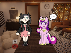 Size: 4032x3024 | Tagged: safe, artist:peachi_tea, princess cadance, alicorn, human, pony, g4, female, folded wings, mare, marnie (pokémon), pokemon sword and shield, pokémon, tail, vrchat, wings