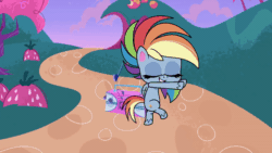 Size: 800x450 | Tagged: safe, screencap, rainbow dash, pegasus, pony, g4.5, my little pony: pony life, portal combat, spoiler:pony life s02e16, animated, bipedal, breakdancing, credits, dancing, eyes closed, female, gif, music notes, outdoors, playground, rainbow trail, slide, smiling, solo, spin dash, spinning, stereo, talking, teeter-totter, text