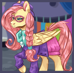 Size: 2065x2031 | Tagged: safe, artist:ebonytails, fluttershy, pegasus, pony, fake it 'til you make it, g4, alternate hairstyle, braid, clothes, ear fluff, female, glasses, hat, high res, hipstershy, leg fluff, mare, scarf, solo