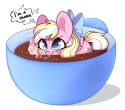 Size: 1280x1129 | Tagged: safe, artist:lazycloud, oc, oc only, oc:bay breeze, pegasus, pony, bow, bubble, chibi, coffee, cup, cup of pony, cute, female, hair bow, mare, micro, ocbetes, simple background, solo, transparent background, wings