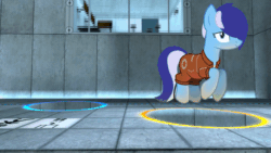 Size: 800x450 | Tagged: safe, artist:bastbrushie, oc, oc only, oc:brushie brusha, earth pony, pony, animated, aperture science, computer, crossover, earth pony oc, female, flying, gif, mare, now you're thinking with portals, portal, portal (valve), room, solo, travelling