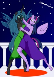 Size: 1420x2000 | Tagged: safe, artist:mr.ferret, queen chrysalis, twilight sparkle, alicorn, changeling, changeling queen, anthro, unguligrade anthro, g4, clothes, cute, dancing, duo, duo female, female, lesbian, night, ship:twisalis, shipping, tango, twilight sparkle (alicorn)