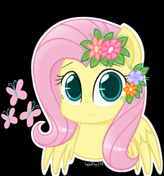 Size: 1358x1458 | Tagged: safe, artist:laylaelvy278, fluttershy, pegasus, pony, g4, flower, flower in hair, looking at you, smiling, solo, spread wings, wings