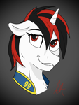 Size: 768x1024 | Tagged: safe, artist:biergarten13, oc, oc only, oc:blackjack, fallout equestria, fallout equestria: project horizons, bust, clothes, digital art, fanfic art, female, jumpsuit, looking at you, mare, smiling, smiling at you, smug, solo, stable 99, stable-tec, teeth, vault suit