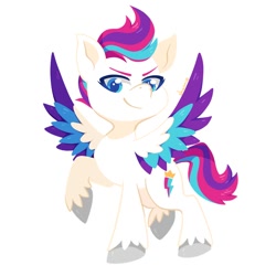 Size: 900x900 | Tagged: safe, artist:sharmie, zipp storm, pegasus, pony, g5, female, looking at you, mare, raised hoof, simple background, smiling, solo, spread wings, unshorn fetlocks, white background, wings