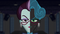 Size: 1280x720 | Tagged: safe, color edit, edit, edited screencap, screencap, principal abacus cinch, queen chrysalis, equestria girls, g4, my little pony equestria girls: friendship games, colored, dr jekyll and mr hyde, headcanon, insane fan theory, inverted mouth