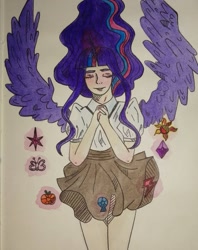 Size: 1053x1328 | Tagged: safe, artist:josim_hae, twilight sparkle, human, g4, element of generosity, element of honesty, element of kindness, element of laughter, element of loyalty, element of magic, elements of harmony, eyes closed, humanized, solo