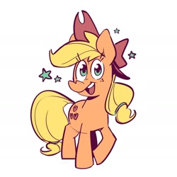 Size: 1654x1654 | Tagged: safe, artist:kyssimmee, applejack, earth pony, pony, g4, female, looking at you, mare, open mouth, simple background, smiling, solo, stars, white background