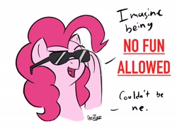 Size: 2732x2048 | Tagged: safe, artist:datzigga, pinkie pie, earth pony, pony, g4, dialogue, high res, no fun allowed, solo, sunglasses, text