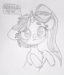 Size: 2253x2661 | Tagged: safe, artist:belka-sempai, oc, oc only, pony, unicorn, chest fluff, cyrillic, grayscale, high res, monochrome, pet request, russian, simple background, solo, traditional art, translated in the comments, white background