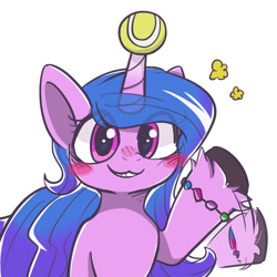 Size: 1500x1500 | Tagged: safe, artist:utoimohu, izzy moonbow, pony, unicorn, g5, ball, blushing, bracelet, cute, female, horn, horn guard, horn impalement, hornball, izzy's tennis ball, izzybetes, jewelry, looking at you, mare, simple background, smiling, solo, tennis ball, unshorn fetlocks, waving, white background