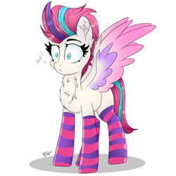 Size: 2500x2500 | Tagged: safe, artist:splashofsweet, zipp storm, pegasus, pony, g5, chest fluff, clothes, ear fluff, eyelashes, female, high res, mare, signature, simple background, socks, solo, striped socks, white background, wut face