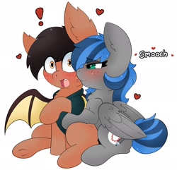 Size: 2666x2571 | Tagged: safe, artist:pegamutt, oc, oc only, oc:bibbo, oc:lonestar, bat pony, pegasus, pony, :o, bat pony oc, blushing, cheek kiss, chest fluff, commission, duo, exclamation point, fangs, female, floating heart, freckles, heart, high res, kissing, lidded eyes, male, mare, open mouth, simple background, sitting, smiling, smooch, stallion, underhoof, white background