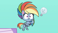 Size: 1920x1080 | Tagged: safe, screencap, rainbow dash, pegasus, pony, g4.5, my little pony: pony life, the best of the worst, female, flying, lightbulb, mare, smiling, solo