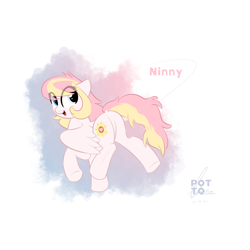 Size: 2300x2300 | Tagged: safe, artist:potato22, oc, oc only, oc:ninny, pegasus, pony, butt, dock, eye clipping through hair, featureless crotch, female, full body, heterochromia, high res, looking back, mare, open mouth, open smile, partially open wings, pegasus oc, plot, simple background, smiling, solo, tail, tail aside, two toned mane, two toned tail, underhoof, white background, wings