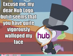 Size: 500x383 | Tagged: safe, screencap, spike, dragon, a canterlot wedding, g4, breaking the fourth wall, hat, hub logo, meme, my little brony, tailcoat, television logo joke, top hat