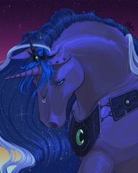 Size: 3277x4096 | Tagged: safe, artist:thornblade_, princess luna, alicorn, pony, g4, ear piercing, female, flowing mane, high res, hoers, horn, jewelry, mare, piercing, sad, solo, tiara