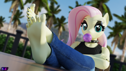 Size: 3840x2160 | Tagged: safe, artist:shadowboltsfm, fluttershy, pegasus, anthro, plantigrade anthro, g4, 3d, 4k, black nail polish, blender, boots, bubblegum, choker, clothes, crossed arms, crossed legs, eyelashes, eyeshadow, feet, female, fetish, fluttergoth, foot fetish, foot focus, goth, gum, high heel boots, high res, jeans, looking at you, makeup, nail polish, not sfm, palm tree, pants, shirt, shoes, soles, tree, wingless, wingless anthro