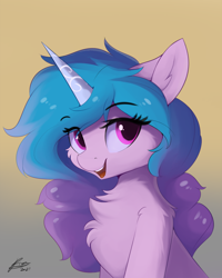 Size: 960x1200 | Tagged: safe, artist:lunar froxy, izzy moonbow, pony, unicorn, g5, cheek fluff, chest fluff, cute, ear fluff, eyelashes, female, gradient background, izzybetes, looking at you, mare, open mouth, shoulder fluff, signature, solo
