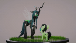 Size: 1920x1080 | Tagged: safe, artist:dieanondie, queen chrysalis, oc, oc:filly anon, changeling, changeling queen, earth pony, pony, g4, 3d, animated, blender, concave belly, doll, female, filly, height difference, long legs, no sound, physique difference, solo, tall, thin, toy, turnaround, webm