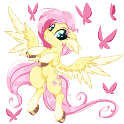 Size: 2500x2500 | Tagged: safe, artist:rurihal, fluttershy, butterfly, pegasus, pony, g4, chest fluff, cute, ear fluff, floppy ears, high res, looking at you, shyabetes, simple background, white background