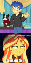 Size: 500x998 | Tagged: safe, edit, edited screencap, screencap, banana (g4), flash sentry, sunset shimmer, equestria girls, g4, my little pony equestria girls: better together, ahegao, caption, female, image macro, imgflip, looking up, male, open mouth, ship:flashimmer, shipping, shipping domino, straight, text, tongue out