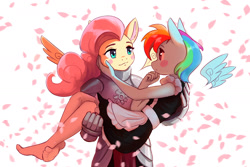 Size: 2000x1332 | Tagged: safe, artist:mrscroup, fluttershy, rainbow dash, pegasus, anthro, plantigrade anthro, g4, armor, badass, blushing, feet, female, floating wings, flutterbadass, flutterknight, knight, lesbian, looking at each other, rainbow maid, role reversal, ship:flutterdash, shipping, stocking feet, wings