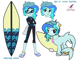 Size: 923x728 | Tagged: safe, artist:icicle-niceicle-1517, artist:violetfeatheroficial, color edit, edit, oc, oc only, oc:wave breaker, original species, pony, shark, shark pony, equestria girls, g4, anklet, belt, collaboration, colored, ear piercing, earring, equestria girls-ified, feet, female, flip-flops, goggles, jewelry, lipstick, makeup, mare, multicolored hair, necklace, piercing, raised hoof, reference sheet, sandals, seashell, seashell necklace, simple background, solo, surfboard, swim mask, transparent background, unshorn fetlocks, wetsuit