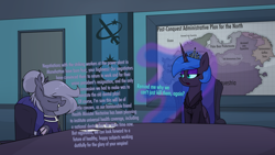 Size: 3840x2160 | Tagged: safe, artist:moonatik, nightmare moon, oc, oc:selenite, alicorn, bat pony, pony, equestria at war mod, new lunar millennium, g4, 4k, alternate timeline, banner, bat pony oc, chair, clothes, dialogue, door, equestria, eyeshadow, female, high res, jewelry, makeup, map, mare, military uniform, missing accessory, nightmare takeover timeline, simpsons did it, sitting, tapestry, tiara, uniform