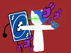 Size: 4000x3013 | Tagged: safe, artist:switcharoo, oc, oc only, oc:switcharoo, earth pony, pony, card, earth pony oc, jojo reference, jojo's bizarre adventure, lens flare, menacing, red background, simple background, solo, stand, t pose, uno, uno reverse card, ゴ ゴ ゴ