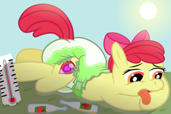 Size: 2500x1667 | Tagged: safe, artist:sweetielover, apple bloom, earth pony, pony, g4, apple juice, bottle, diaper, diaper fetish, female, fetish, filly, heat, juice, non-baby in diaper, poofy diaper, sun, sunlight, sweat, thermometer, tongue out