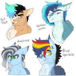 Size: 3000x3000 | Tagged: safe, artist:gingygin, oc, oc:fast track, oc:monochrome, oc:northern winds, oc:prime spectacle, pegasus, pony, bust, chest fluff, half-siblings, high res, offspring, parent:quibble pants, parent:rainbow dash, parent:soarin', parents:quibbledash, parents:soarindash, siblings