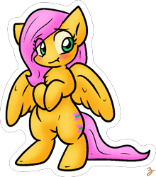 Size: 699x793 | Tagged: safe, artist:zutcha, fluttershy, pegasus, pony, g4, :t, aside glance, bipedal, blushing, chest fluff, cute, female, looking at you, mare, outline, shyabetes, simple background, solo, spread wings, three quarter view, transparent background, white outline, wings