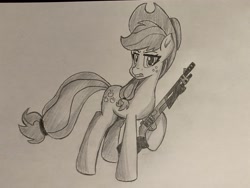 Size: 4032x3024 | Tagged: safe, artist:artevi, applejack, earth pony, pony, g4, gun, hat, shotgun, traditional art, weapon