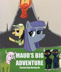 Size: 2988x3551 | Tagged: safe, daring do, maud pie, cow, earth pony, pegasus, pony, g4, comedy, cover art, cthulhu mythos, cultist, field, hat, high res, humor, mountain, ninja, statue, text, title, volcano