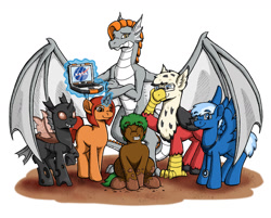Size: 1280x1029 | Tagged: safe, artist:riverfox237, changeling, dragon, earth pony, hippogriff, pegasus, pony, unicorn, fanfic:the maretian, alex vogel, beth johannsen, brown changeling, changelingified, chris beck, computer, dragonified, fanfic art, glasses, hippogriffied, laptop computer, levitation, magic, mark watney, melissa lewis, mud, ponified, rick martinez, simple background, species swap, spread wings, stethoscope, telekinesis, the martian, white background