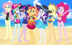Size: 1024x640 | Tagged: safe, artist:chipmunkraccoonoz, applejack, fluttershy, pinkie pie, rainbow dash, rarity, sci-twi, sunset shimmer, twilight sparkle, equestria girls, g4, lost and found, my little pony equestria girls: better together, barefoot, beach, belly button, cap, clothes, day, feet, fluttershy's one-piece swimsuit, geode of empathy, geode of fauna, geode of shielding, geode of sugar bombs, geode of super speed, geode of super strength, geode of telekinesis, hat, humane five, humane seven, humane six, magical geodes, midriff, needs more pixels, one-piece swimsuit, peace sign, pinkie pie swimsuit, rarity's blue sarong, rarity's purple bikini, sarong, sci-twi swimsuit, sun hat, swimming trunks, swimsuit