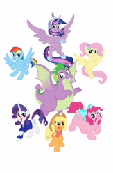Size: 2667x4096 | Tagged: safe, artist:aleximusprime, applejack, fluttershy, pinkie pie, rainbow dash, rarity, spike, twilight sparkle, alicorn, dragon, pony, flurry heart's story, g4, adult, adult spike, alternate hairstyle, anklet, big crown thingy, bow, bracelet, clothes, cowboy hat, ear piercing, earring, element of magic, fat, fat spike, glasses, hat, jewelry, mane seven, mane six, older, older spike, piercing, plump, ponytail, pudgy pie, regalia, shirt, shorter hair, stetson, tiara, twilight sparkle (alicorn), winged spike, wings, wip
