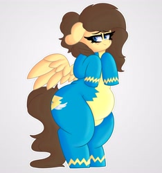 Size: 3830x4096 | Tagged: safe, artist:retro_hearts, oc, oc only, oc:retro hearts, pegasus, pony, bipedal, chubby, clothes, female, floppy ears, freckles, lidded eyes, mare, plump, redraw, smiling, solo, spread wings, uniform, wings, wonderbolts uniform
