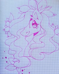 Size: 1080x1350 | Tagged: safe, artist:tessa_key_, oc, oc only, earth pony, pony, bust, earth pony oc, eyelashes, flower, flower in hair, graph paper, smiling, solo, traditional art