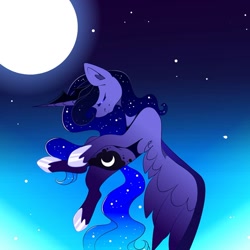 Size: 1080x1079 | Tagged: safe, artist:tessa_key_, alicorn, pony, ethereal mane, eyes closed, female, flying, full moon, hoof shoes, horn, mare, moon, night, solo, starry mane, stars, wings