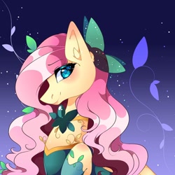 Size: 1080x1080 | Tagged: safe, artist:tessa_key_, fluttershy, pegasus, pony, g4, bust, clothes, eyelashes, female, makeup, mare, night, smiling, solo, stars