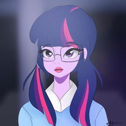 Size: 1080x1080 | Tagged: safe, artist:rapunzelights, sci-twi, twilight sparkle, equestria girls, g4, bust, clothes, eyelashes, female, glasses, lipstick, signature, solo