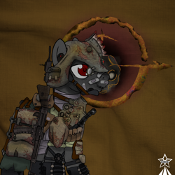Size: 1000x1000 | Tagged: safe, artist:devorierdeos, oc, oc only, earth pony, pony, fallout equestria, armor, assault rifle, clothes, colored pupils, emblem, gun, helmet, knife, male, raider, raider armor, rifle, rust, solo, weapon