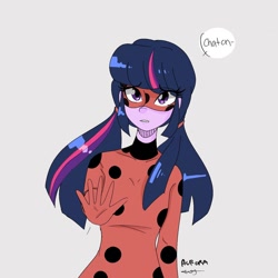 Size: 1080x1080 | Tagged: safe, artist:rapunzelights, sci-twi, twilight sparkle, equestria girls, g4, becoming what you fear, clothes, female, gloves, gray background, ladybug (miraculous ladybug), mask, miraculous ladybug, signature, simple background, solo, talking
