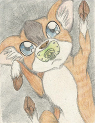 Size: 1740x2245 | Tagged: safe, artist:cindertale, oc, oc only, oc:cinder, deer, baby, cloven hooves, deer oc, ear fluff, pacifier, solo, traditional art